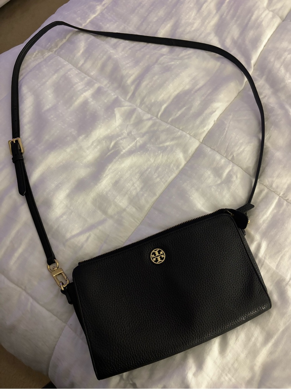 Black Leather Crossbody Bag with Gold Accent